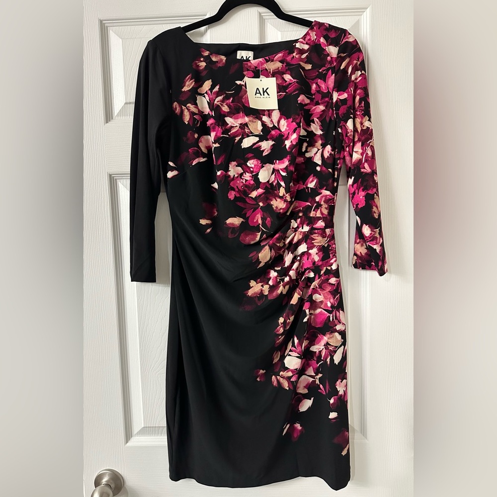 Anne Klein Women’s Black Pink Cream Floral 3/4 Sleeve Dress Size 8